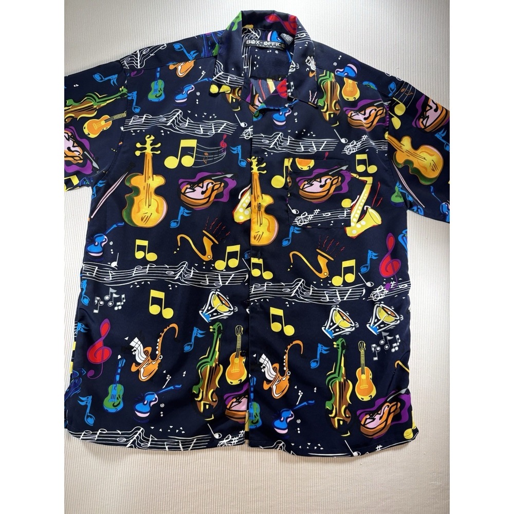 Vtg.Box Office Island Vibrant Music Notes Guitar Button Up Shirt Mens L Vacation